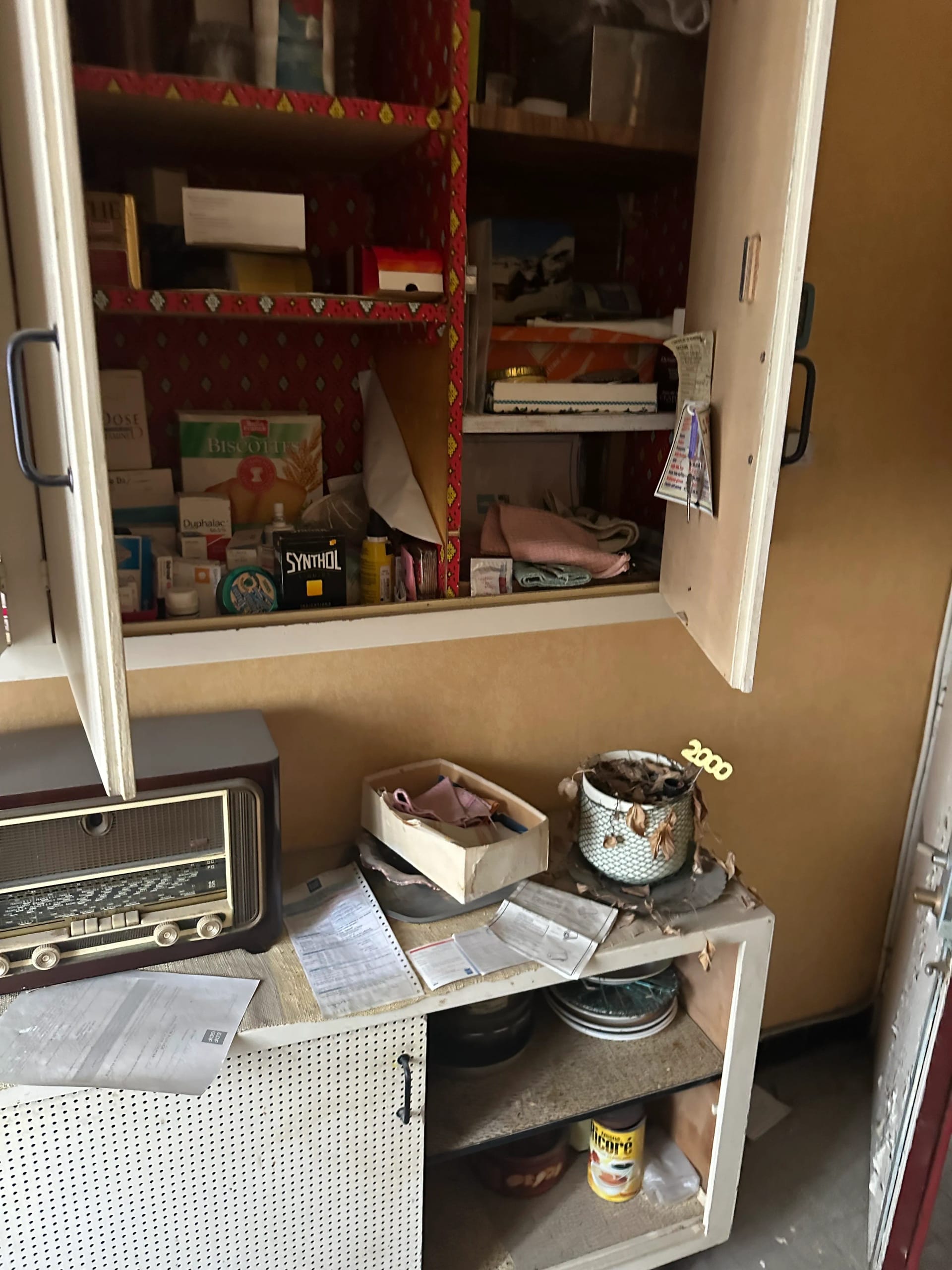 Placard et étagère avec accumulation de médicaments et objets divers - Syndrome de Diogène