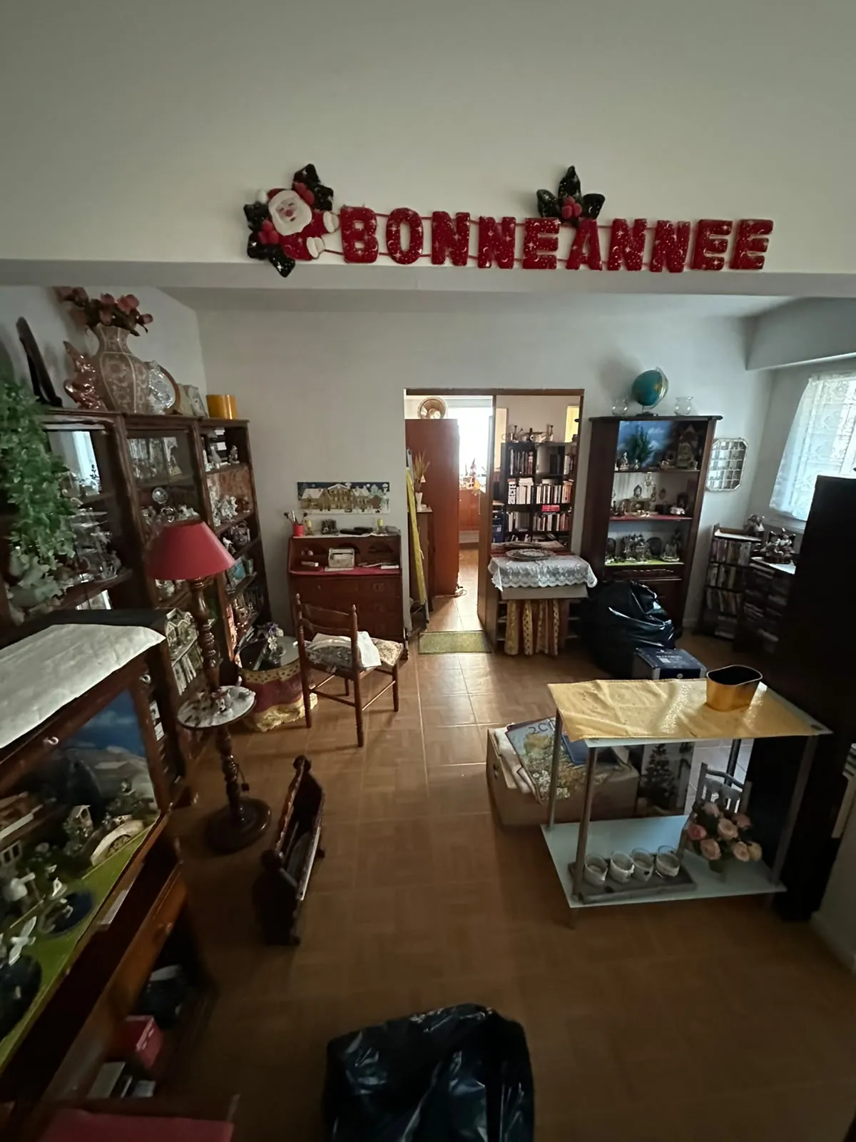 Séjour d'appartement saturé de vitrines, bibliothèques et bibelots avant débarras par CAIA Débarras