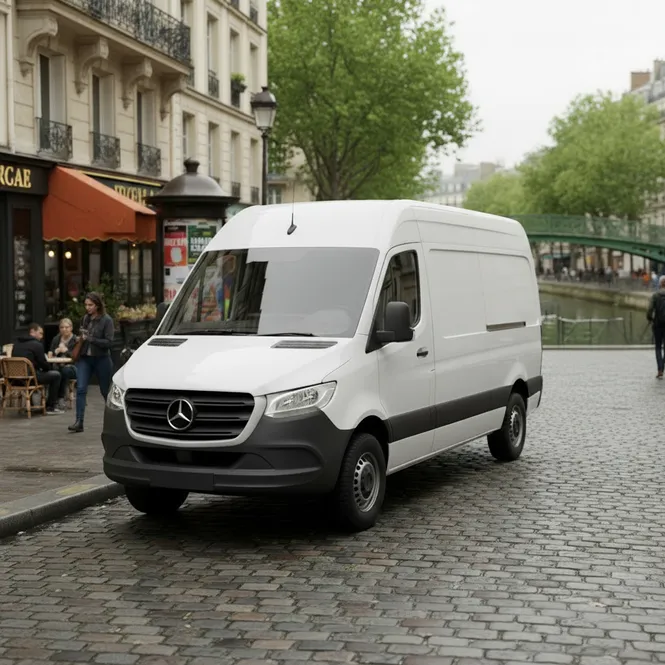 Camionnette de débarras garée dans une rue pavée de Paris